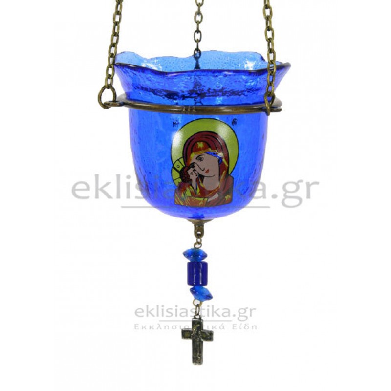 Κρεμαστή καντήλα fusing με χαλκομανία της Παναγίας